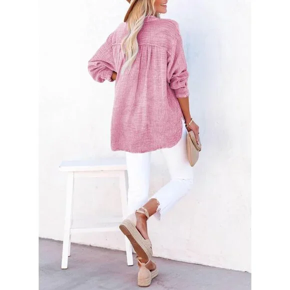 Women's Cotton V Neck Button Long Sleeve Blouse Oversized Casual Top - Picture 4 of 6